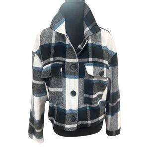 HURLEY WOMENS BLACK & BLUE PLAID SHERPA LINED  PLAID CROPPED JACKET SHACKET SZ L